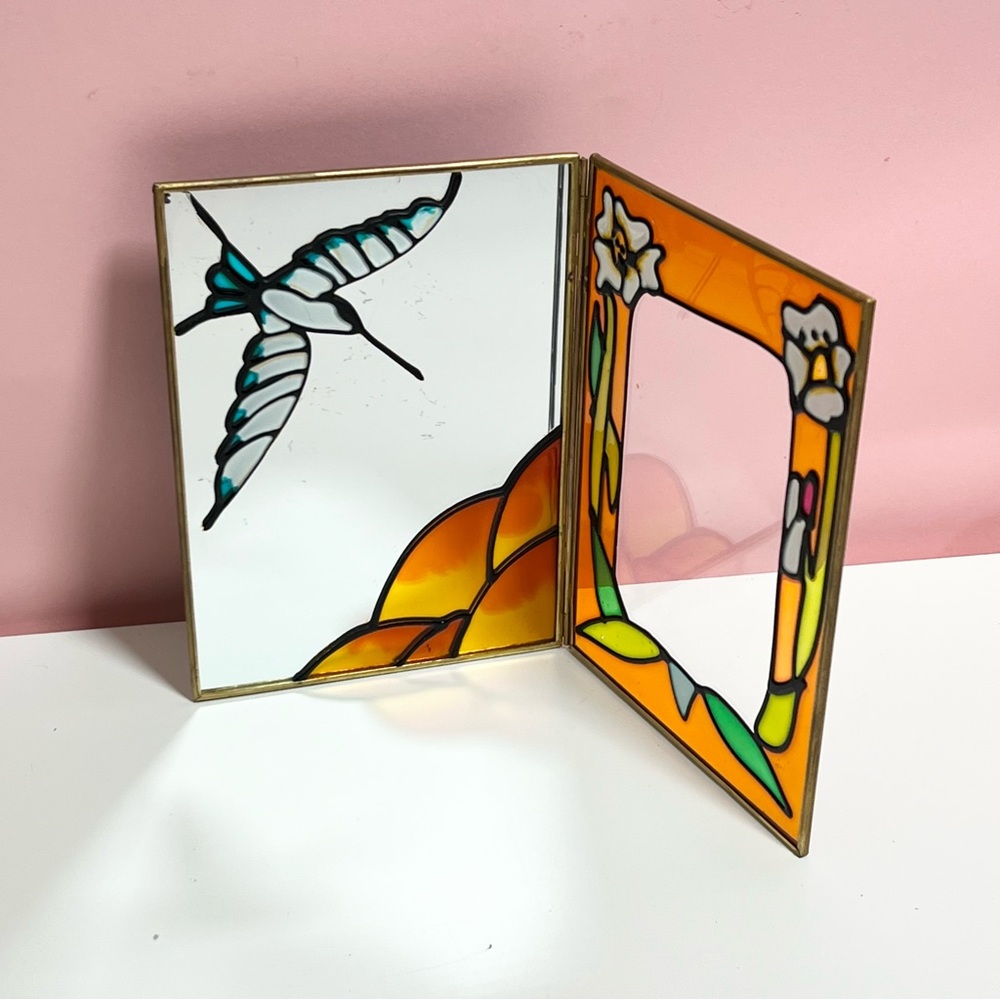Vintage Orange and Teal Stained Glass Folding Frame